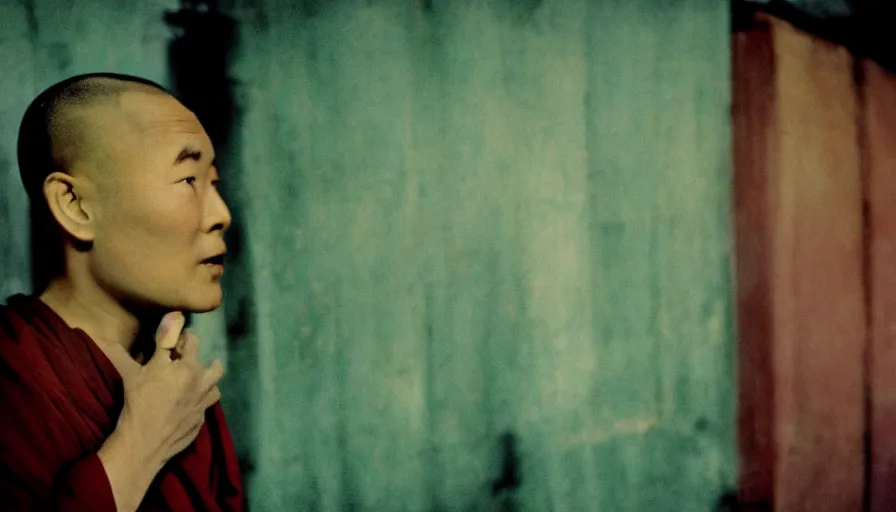 Prompt: 7 0 s film still from a horror movie about a buddhist monk, kodachrome, cinecolor, cinestill, film grain, film texture, retro, cinematic, high resolution, photorealism,