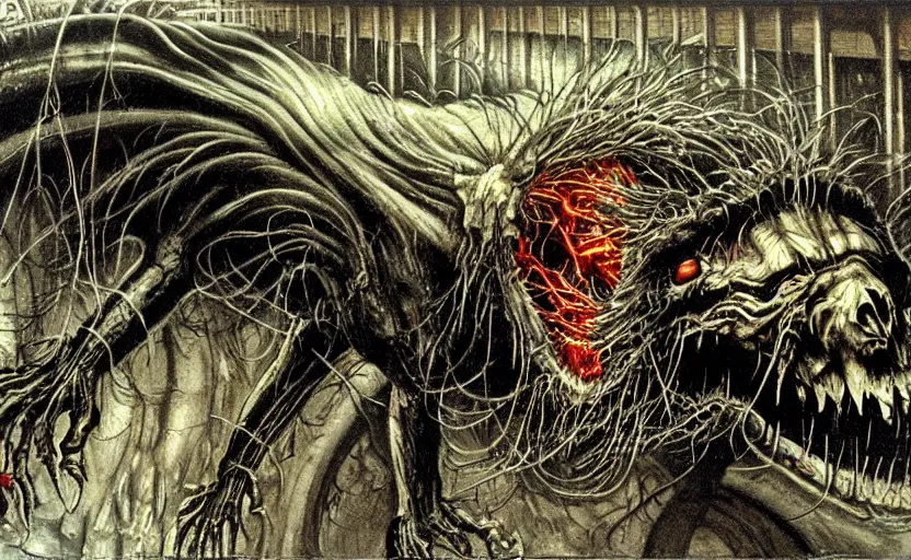 Image similar to very large giant mutant zombie irradiated ( angry rat ) staying on railways in tonnel of moscow subway. tonnel, railways, giant angry rat, furr, fangs, claws, very realistic. extreme long shot, wide angle, herman nitsch and herman nitsch, giger.