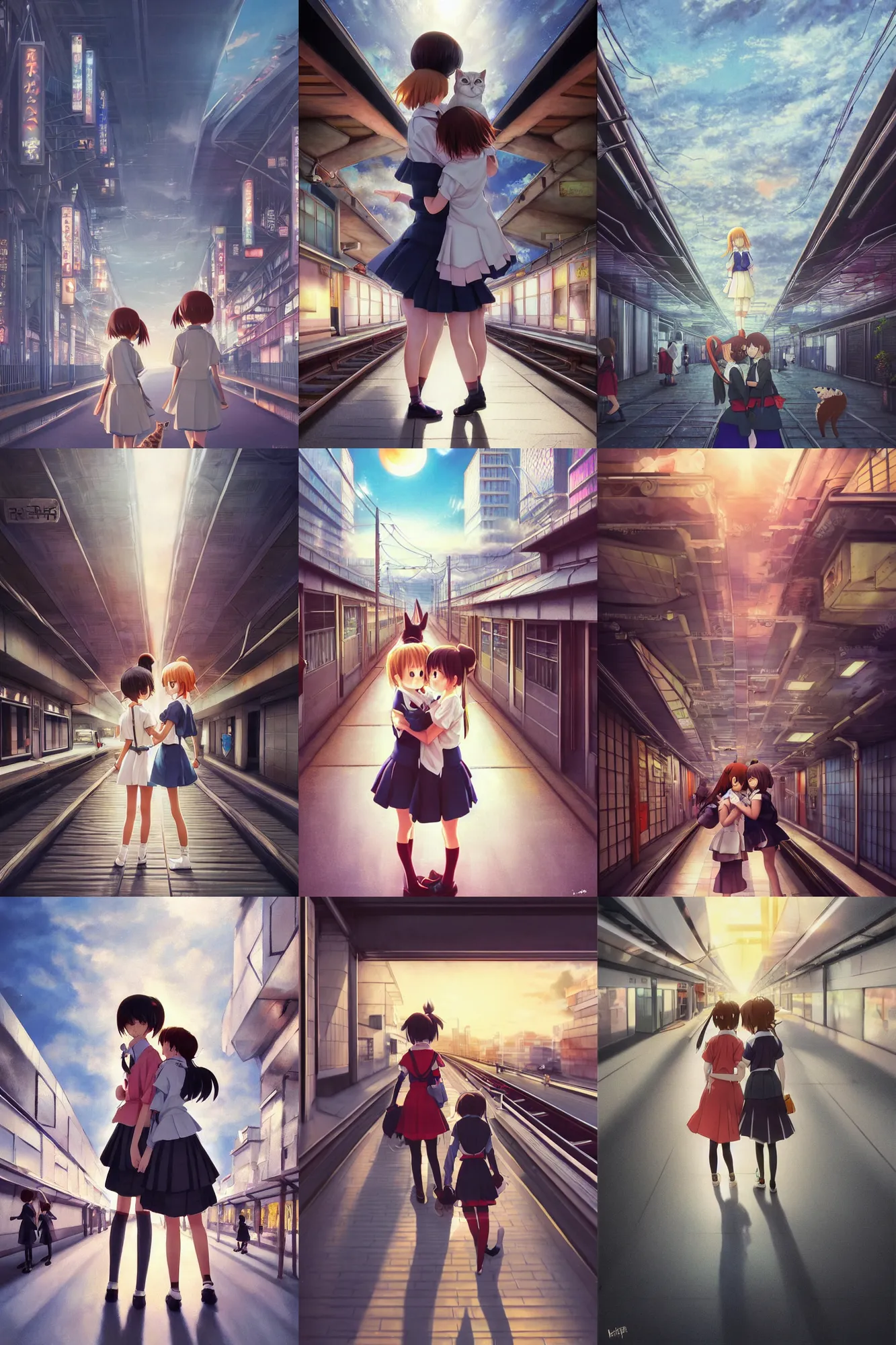 Image similar to Ultra realistic 3d illustration, two cute anime schoolgirls hugging cat on huge japanese elevated subway at dark sunset. fantasy, elegant, dramatic light, trending on artstation, smooth, sharp focus, illustration, art by hiro kiyohara and hayao miyazaki oil painting