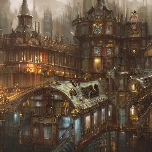 Image similar to Victorian steampunk mega city, covered by a large roof, digital painting, matte painting, art station, raining