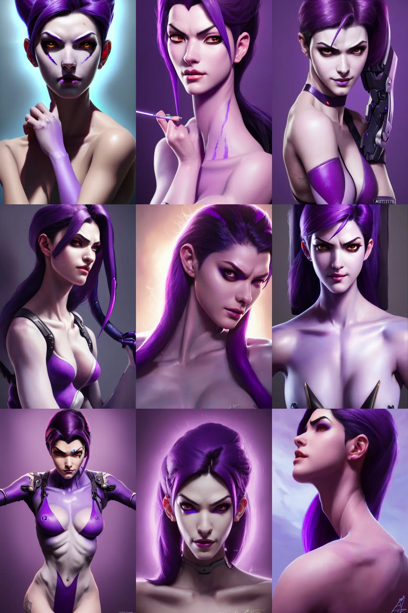 Prompt: painting of widowmaker from overwatch, purple skin color, ultra realistic, sharp details, subsurface scattering, purple skinned, intricate details, warm lighting, beautiful features, highly detailed, photorealistic purple skinned girl, octane render, 8 k, unreal engine, art by artgerm and greg rutkowski and alphonse mucha