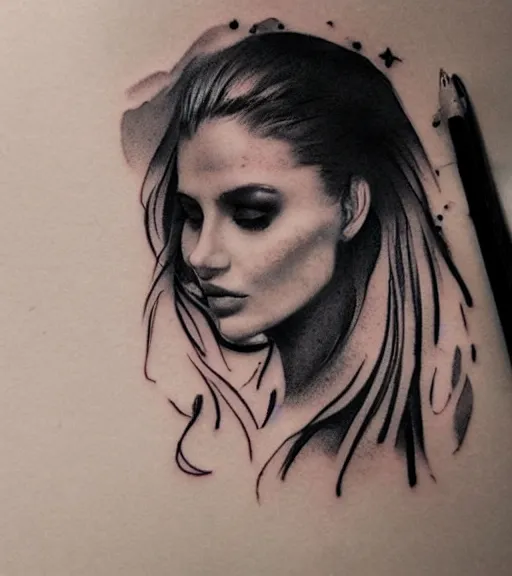 Image similar to tattoo design sketch of an extremely beautiful woman face with a faded background of beautiful mountains on her side, hyper - realistic, double exposure effect, in the style of matteo pasqualin, amazing detail, black and white, faded