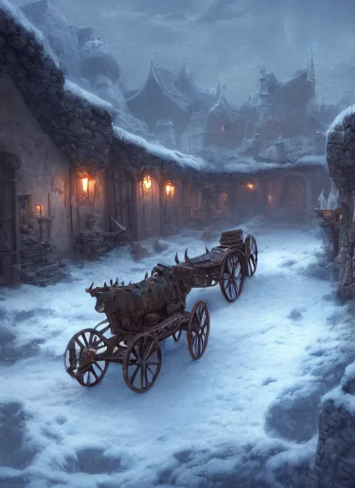 Image similar to wagons pulled by an ox at the robust fantasy castle courtyard, calming, uplifting mood, ultra realistic, funny, small buildings, highly detailed, epic lighting, illuminated, cinematic, morning, art by eddie mendoza