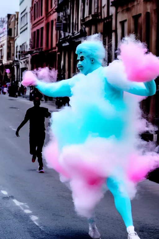 Image similar to a man made out of cotton candy running down the street, 4k, high quality