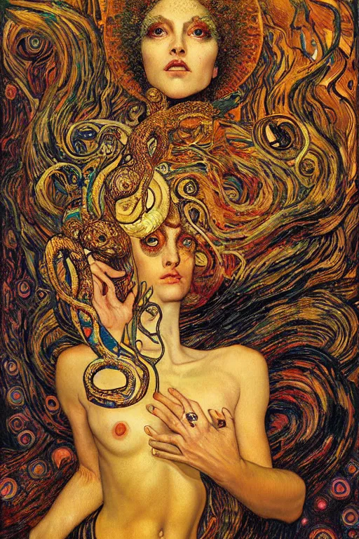 Image similar to Rebirth by Karol Bak, Jean Deville, Gustav Klimt, and Vincent Van Gogh, majestic portrait of a sacred serpent, Surreality, radiant halo, shed iridescent snakeskin, otherworldly, fractal structures, celestial, arcane, ornate gilded medieval icon, third eye, spirals