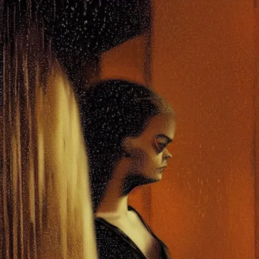 Prompt: silhouette of a Elle Fanning gazing out her hotel window at the rain, extremely detailed masterpiece, oil on canvas, in the world of Blade Runner 2049, low-key neon lighting, artstation, by J. C. Leyendecker and Peter Paul Rubens,