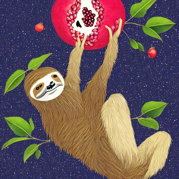 Prompt: sloth enjoying a pomegranate under the moonlight, vector graphics, cool