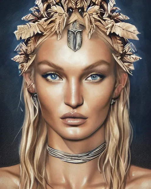 Prompt: tattoo sketch of beautiful candice swanepoel as aphrodite the greek goddess wearing a laurel wreath and arrowhead earrings, beautiful piercing eyes with small pupils, sexy look, beautiful blonde hair, hyper realistic face, in the style of greg rutkowski, fantasy, amazing detail, epic, elegant, smooth, sharp focus