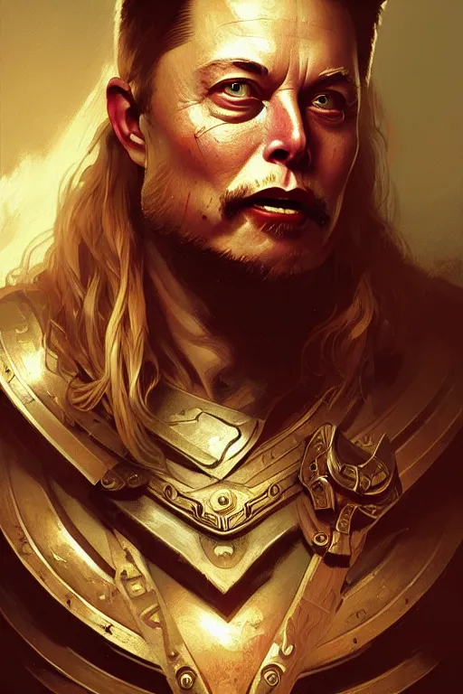 Prompt: elon musk as viking, portrait, skull on the chest, highly detailed, digital painting, artstation, concept art, smooth, sharp focus, illustration, cinematic lighting, art by artgerm and greg rutkowski and alphonse mucha