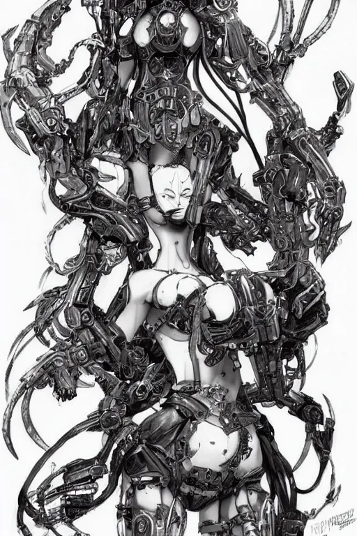 Image similar to full body illustration, mechanized burnette female, blissful succubus, highly detailed, sumi - e art, suiboku - ga ink, by kim jisu, pen and ink monochrome, mecha, deviantart, artstation, pinterest