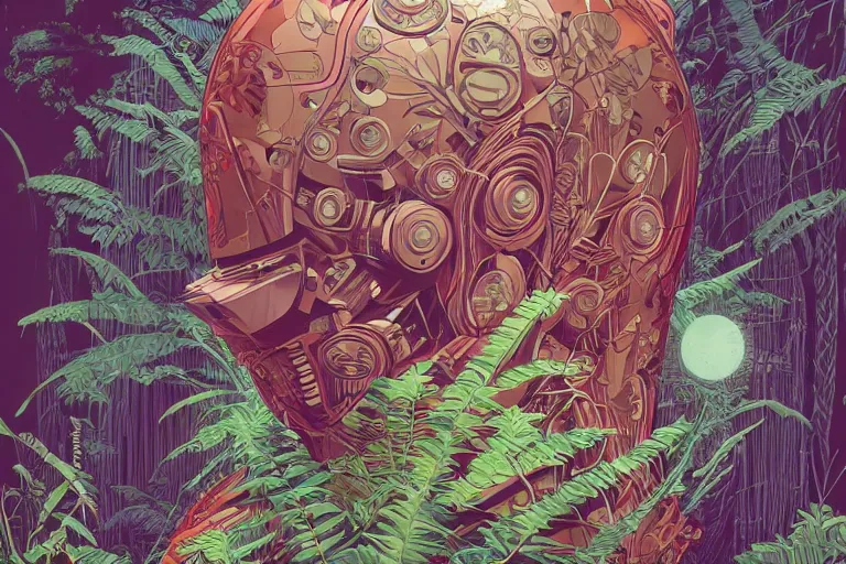 Image similar to gigantic robot head, a lot of exotic vegetation, trees, flowers by moebius, junji ito, tristan eaton, victo ngai, artgerm, rhads, ross draws, hyperrealism, intricate detailed