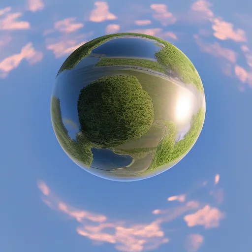 Image similar to an extremely detailed professional photo bright day of a large sphere with a mirrored surface on the ground in the gobi desert 1996 3d render