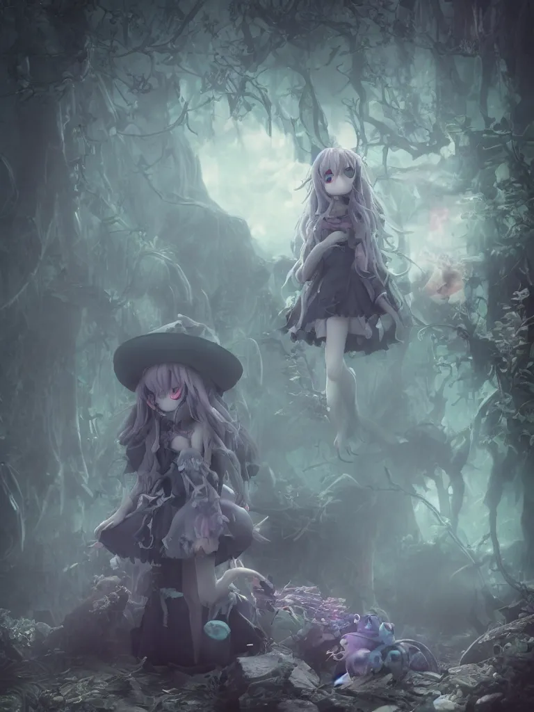 Prompt: cute fumo plush of a frail cursed witch girl wandering the depths of the forbidden jungle, gothic wraith maiden, wispy smoke and volumetric fog, beyond the mirror, filmic, symmetric beauty, moonlight midnight glow, vignette, vray