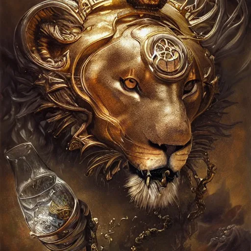 Image similar to a beautiful detailed 3 d matte portrait of a alchemist lion, by ellen jewett, by tomasz alen kopera, by justin gerard, ominous, magical realism, texture, intricate, skull, skeleton, gold coins, money, whirling smoke, alchemist bottles, radiant colors, fantasy, volumetric lighting, high details