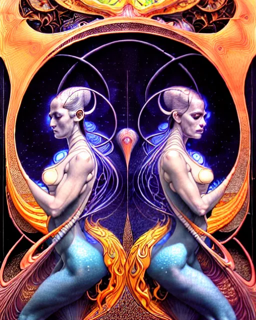 Image similar to a portrait of gemini water and fire fantasy character portrait made of fractals facing each other, art nouveau mandala, ultra realistic, wide angle, intricate details, the fifth element artifacts, highly detailed by peter mohrbacher, hajime sorayama, wayne barlowe, boris vallejo, aaron horkey, gaston bussiere, craig mullins