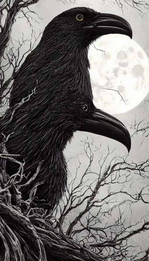 Image similar to book cover art, detailed close-up portrait of crow on a tree in front of the full big moon, dramatic lighting, cinematic, establishing shot, extremely high detail, foto realistic, cinematic lighting, pen and ink, intricate line drawings, by Yoshitaka Amano, Ruan Jia, Kentaro Miura, Artgerm, post processed, concept art, artstation, matte painting, style by eddie mendoza, raphael lacoste, alex ross