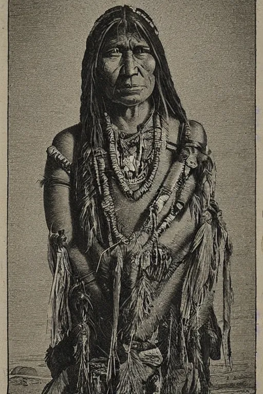 Prompt: “19th century wood engraving of a Native American indian woman, portrait, Nanye-hi Beloved Woman of the Cherokee, wearing a papoose showing pain and sadness on her face, ancient”