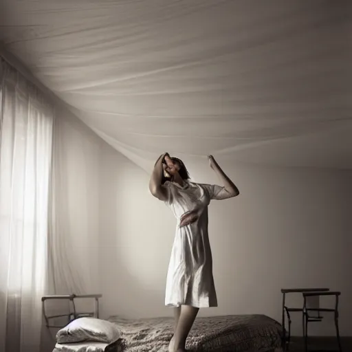 Image similar to portrait of girl in linen clothing falling from the room ceiling into a bed, natural sun lighting, unreal engine model, 8 5 mm lens by annie leibovitz