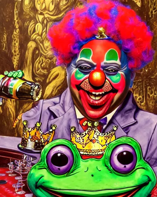 Prompt: Clown Frog King popping champagne at the roulette table, clown frog king wearing clown makeup and rainbow wig, clown crown artwork by Glenn Fabry and Kentaro Miura