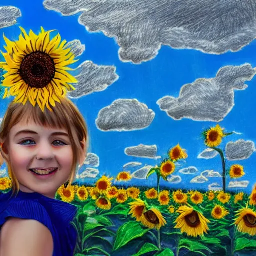 Image similar to Portrait, Drawing of a Ukrainian girl Smiling at the camera, Beautiful pretty young, flowers in her dark hair, Scene: Sunflower field, Colors: Yellow sunflowers, blue cloudy sky, In a style of Children scribbles