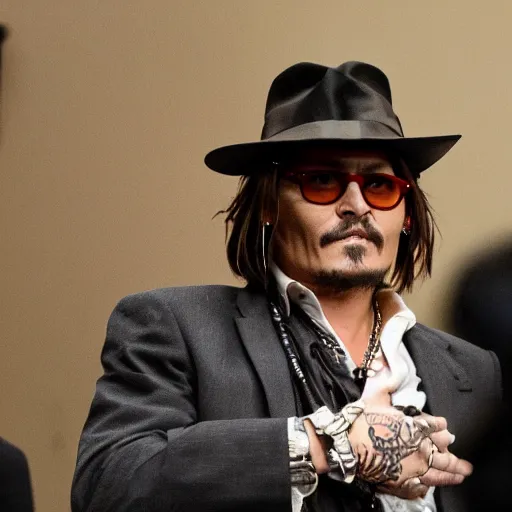 Image similar to johnny depp cheering in court as he wins defamation case, 4 k, photorealistic photography