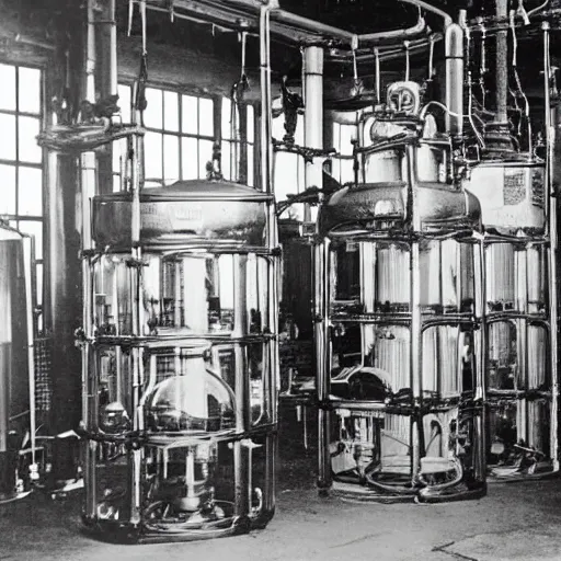 Prompt: old black and white photo, 1 9 1 3, depicting a dieselpunk lab with biomechanical aliens inside glass vats, historical record
