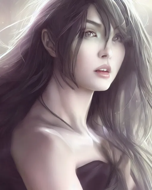 Image similar to a beautiful female vampire, ethereal, dreamy, backlit, highly detailed, pensive expression, realistic lighting, sharp focus, windswept, rule of thirds, symmetrical facial features, by artgerm, wlop, rossdraws, frank frazetta, andrei riabovitchev, trending on artstation, hd, 4 k, fantasy