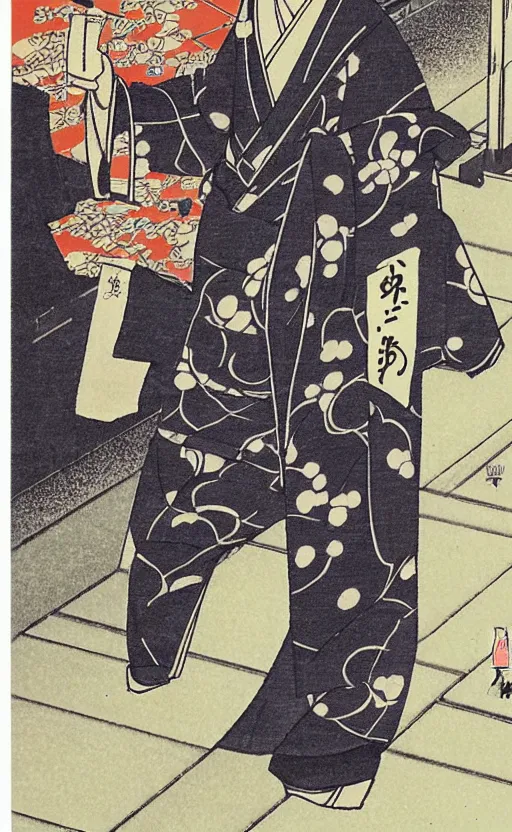 Prompt: by akio watanabe, manga art, male calligrapher walking in kyoto street, kimono, trading card front