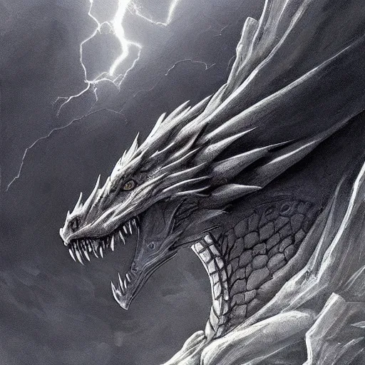 Image similar to grey dragon close up by greg rutkowski, drark, marvel comics, dark, plutus su and chris scalf and lucas graciano and billy christian, symmetrical, mountains, grey and gold color palette, painting, d & d, fantasy, detailed, realistic, complimentary colors, light, artstation, cinematic, dramatic lighting, close up, storm clouds, hudson river school