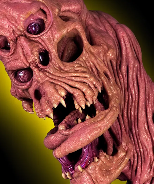 Image similar to hyperrealistic rendering, cronenberg flesh monster skeletor by art of skinner and richard corben and jeff easley, product photography, action figure, sofubi, studio lighting, colored gels