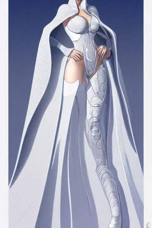 Image similar to detailed beautiful noun in opened white gold blue coat, seductive confident pose, attractive feminine curves, intricate details, futuristic, alien, elegant cape, elegant, photorealism, trending on artstation, holy halo, advanced technology, art by moebius and vitaly bulgarov and chanthara