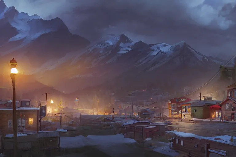 Image similar to cozy town in rocky mountains, matte painting, life is strange concept art, warm light, 3 d cell shading render