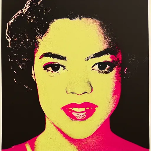 Image similar to screenprint solarized portrait of tessa thompson by andy warhol
