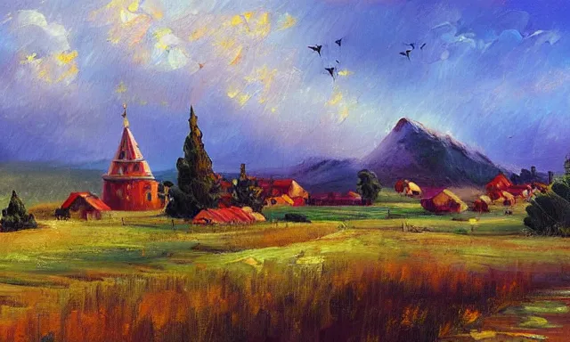 Image similar to beautiful landscape of Russian village, sunny and little cloudy, oil painting, high quality