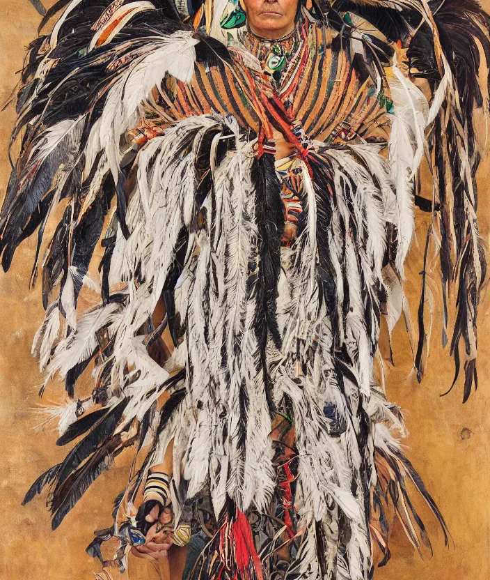 Image similar to full body shot picture of indigenous people young slim fit woman leader in canyon, painted by lucian freud, intricate costume design, beautiful feathers, hd, super detailed, realistic