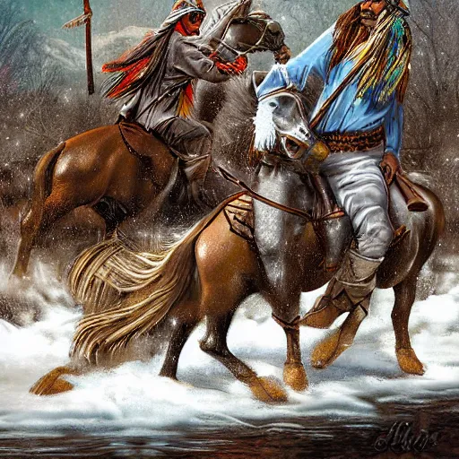 Prompt: digital art savage indians on the warpath riding horses through a rocky creek in the snow