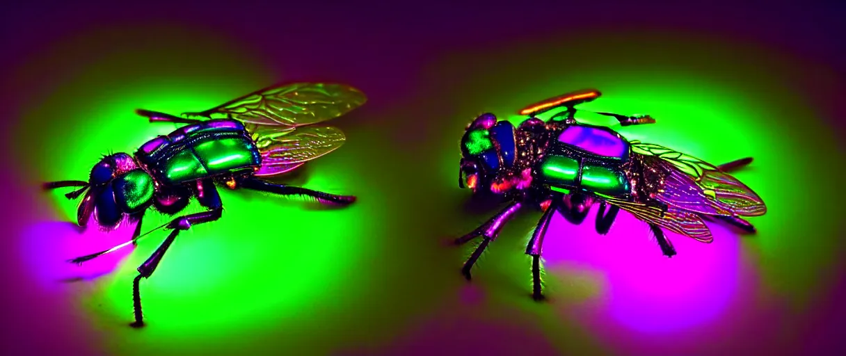 Image similar to high quality photo glowy iridescent cyborg fly! jeweled very beautiful! highly detailed digital art david ligare elson peter cinematic purple neon lighting high quality low angle hd 8k sharp shallow depth of field