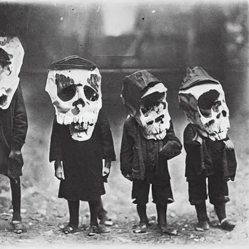 Prompt: portrait of children wearing skull masks, photograph, style of atget, 1 9 1 0, creepy, dark