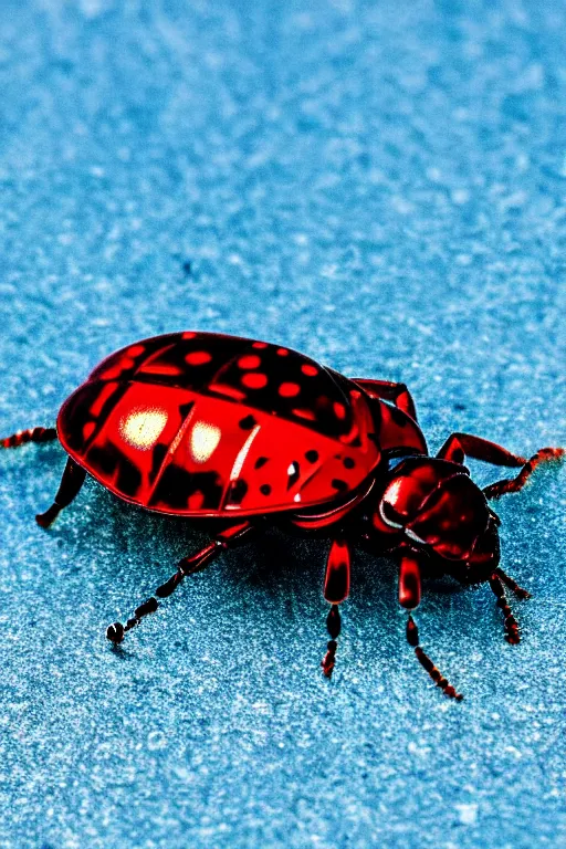 Image similar to high quality macro photo iridescent Red spotted crystal beetle! gorgeous highly detailed david ligare elson peter cinematic blue lighting high quality low angle hd 8k sharp shallow depth of field