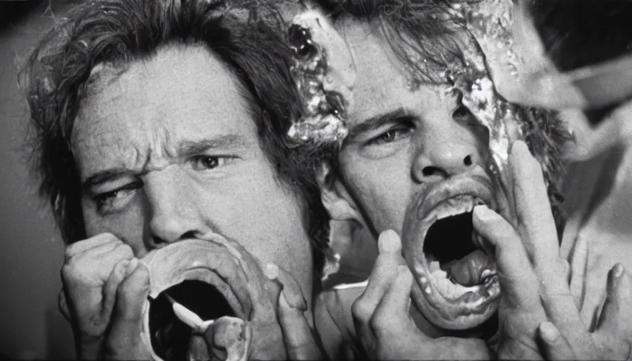 Prompt: 70s movie still of a man yelling with trypophobia mouth in hospital, eastmancolor, heavy grain, high quality, higly detailed, liminal space