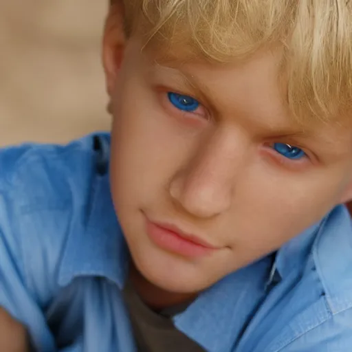 Prompt: portrait of a boy with his hand on his face, extremely realistic and real, photorealistic, blonde hair and blue eyes, detailed facial structure, real eyes that are detailed