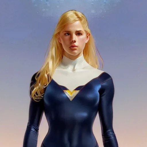 Image similar to a beautiful portrait of a beautiful cute teen superhero girl, blonde hair, tight solid matte navy - blue lycra bodysuit, white cape, intricate, elegant, 8 k, highly detailed, digital painting, concept art, smooth, sharp focus, illustration, by artgerm greg rutkowski alphonse mucha loish wlop