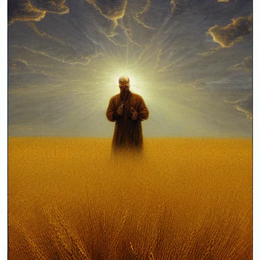 Image similar to walter white as god decending upon a golden field of wheat, trending on artstation, gustave dore, renaissance art, hyper detail, bloom, painting