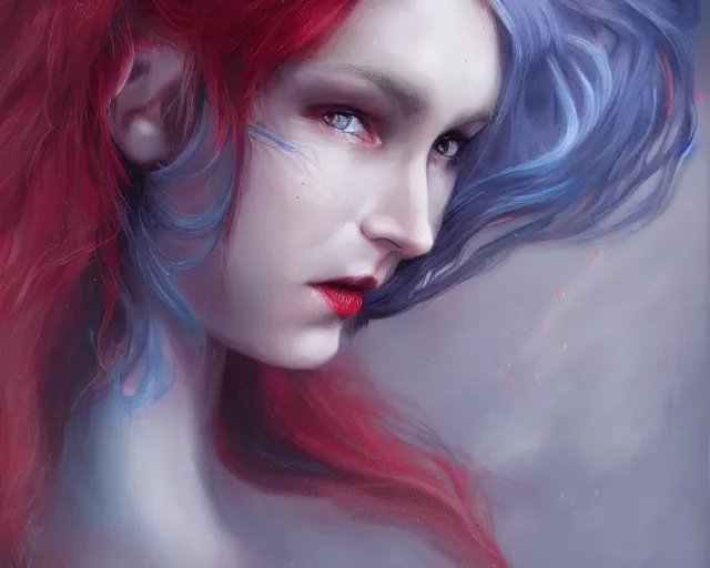 Prompt: A detailed matte oil on canvas head on symmetrical portrait of a distinguished elven woman with red and blue hair on an empty background, by Charlie bowater, Lise Deharme, Wlop, trending on artstationhd, dungeons and dragons art, parted hair , half blue, half red , split dye, critical role