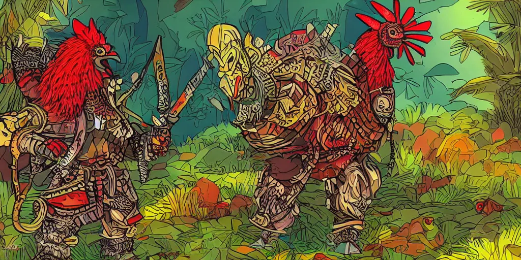 Prompt: colorful illustration of an armoured warrior rooster in a dense jungle, mix of styles, angry, aggressive, blood, battle