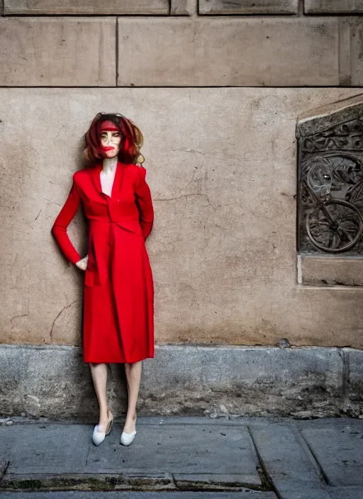 Prompt: color Close-up portrait of a beautiful 35-year-old Italian woman, wearing a red outfit, candid street portrait in the style of Martin Schoeller award winning, Sony a7R