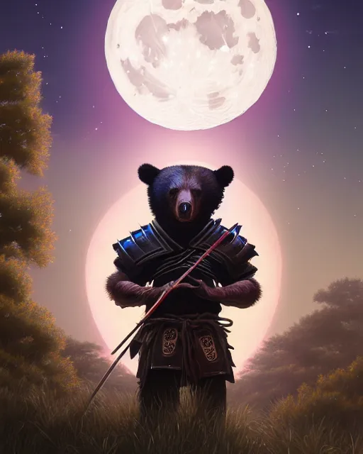 Image similar to highly detailed surreal vfx portrait of a metallic chromatic samurai bear in front of a full moon, stephen bliss, unreal engine, greg rutkowski, loish, rhads, beeple, makoto shinkai and lois van baarle, ilya kuvshinov, rossdraws, tom bagshaw, alphonse mucha, global illumination, detailed and intricate environment