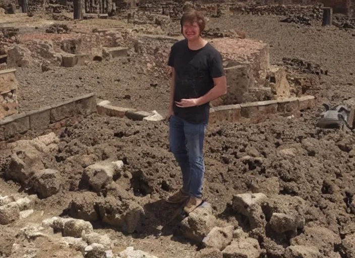 Prompt: a screencap of Tom Scott standing in Pompeii during the eruption