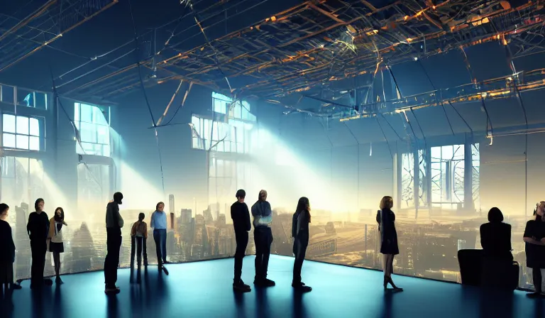 Image similar to group of people in simple warehouse, around a hologram of futuristic city on a table, cinematic concept art, godrays, golden hour, natural sunlight, 4 k, clear details, tabletop model buildings, center model buildings, hologram center, crane shot, crane shot, crane shot