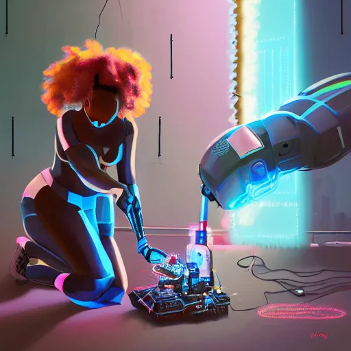 Image similar to a black girl fixing a robot, in the nature, mixing solarpunk, afropunk and cyberpunk technology and aesthetic ( ( ( ( volumetric light ) ) ) ), high angle, part by pearl fryar, part by prince damah, sunny day, trending on artstation, high detailed, cinematic view, illustration, painting.